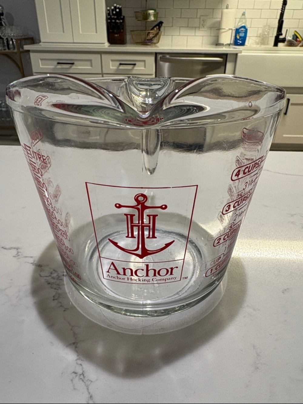 Anchor Hocking Clear Glass Measuring Cup with Red Logo and Markings